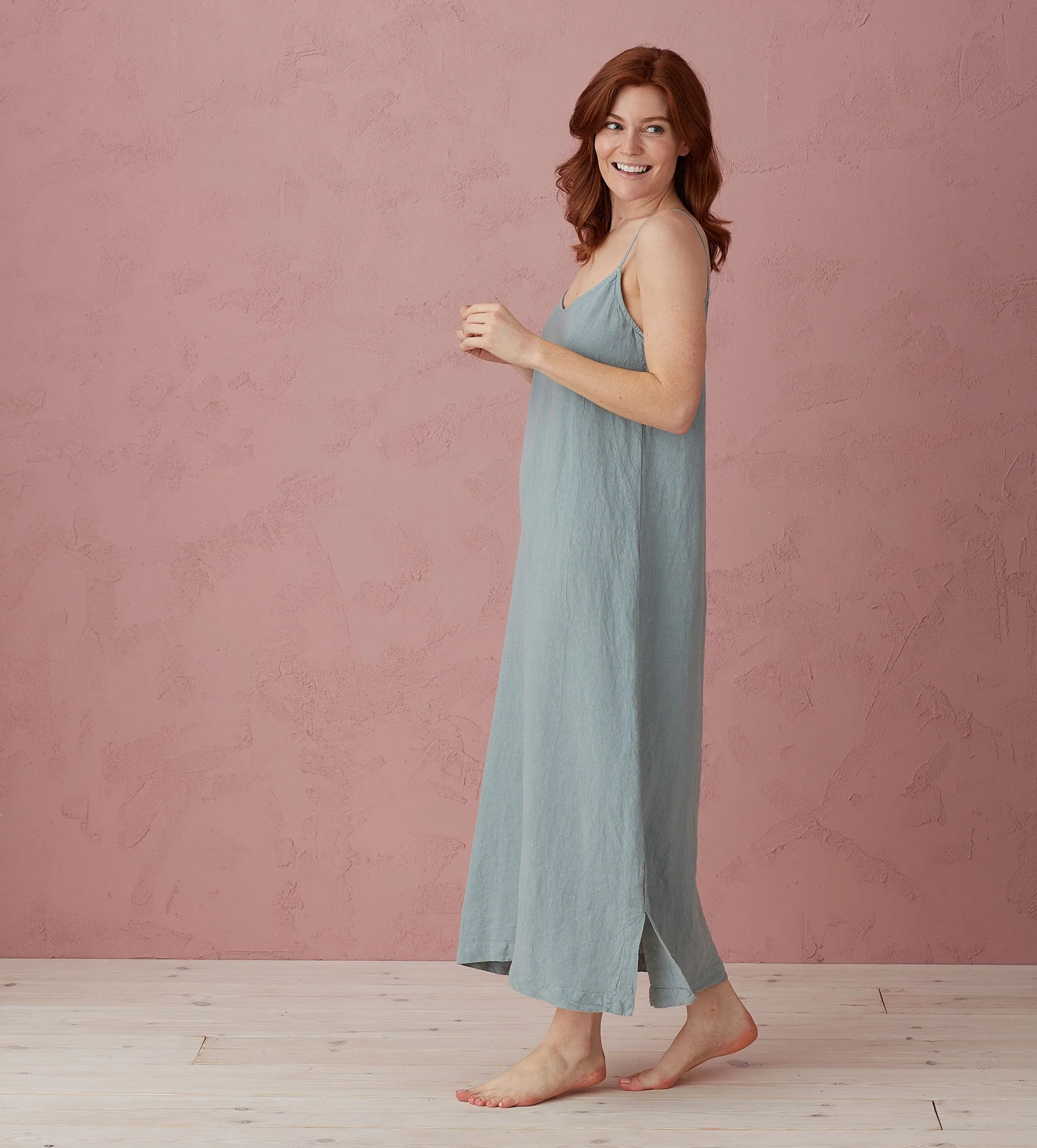 Teal Willa 100% Linen Long Cami Nightie