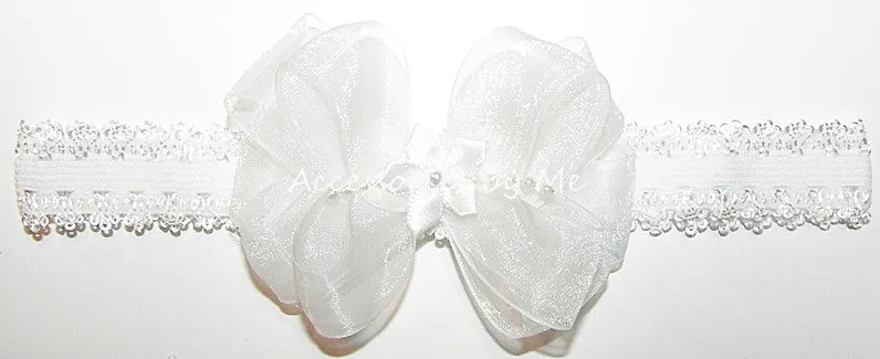 White Organza Pearl Bow Lace Headband
