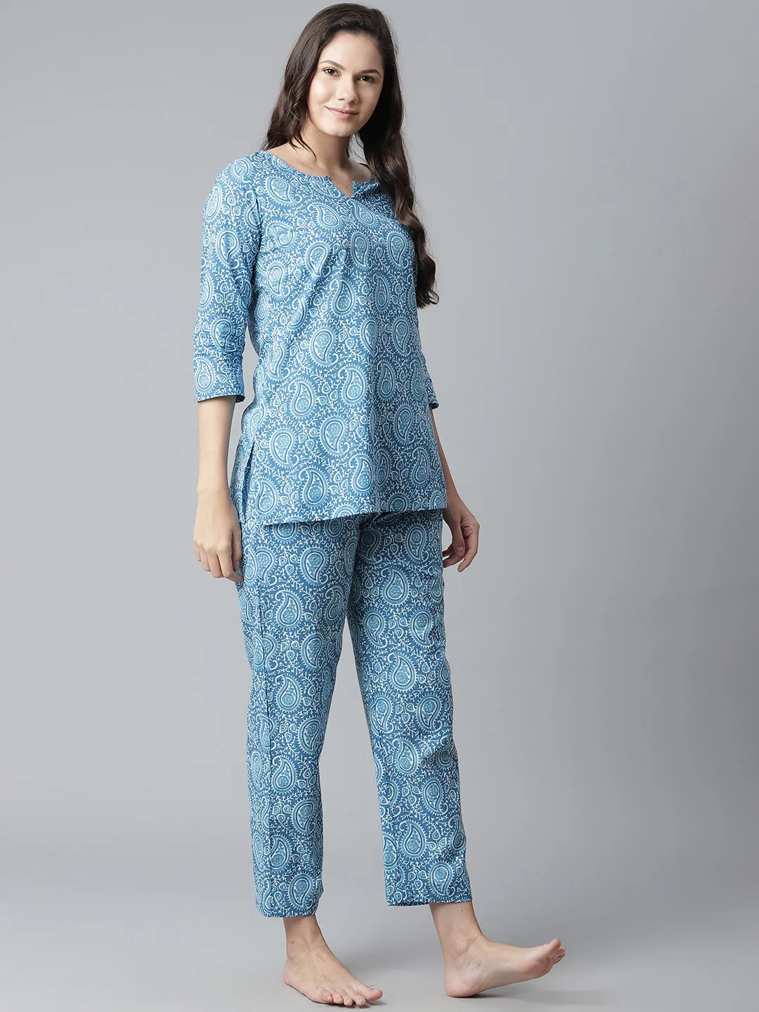 Women'S Blue Printed Cotton Nightwear