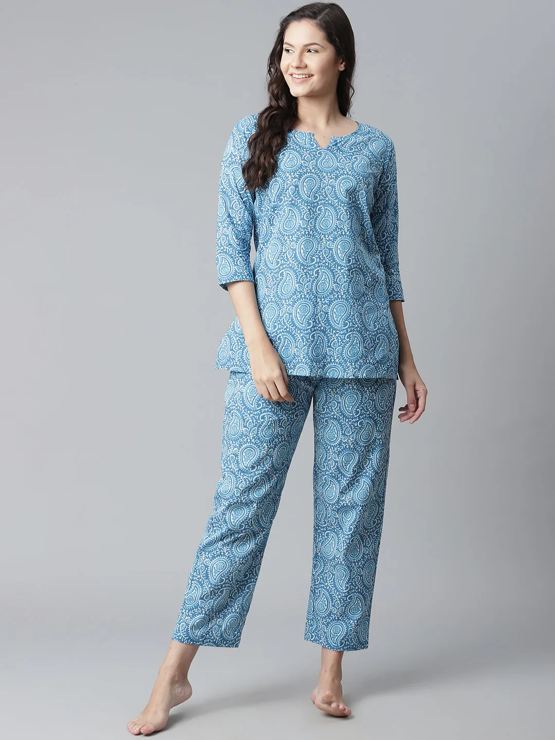 Women'S Blue Printed Cotton Nightwear