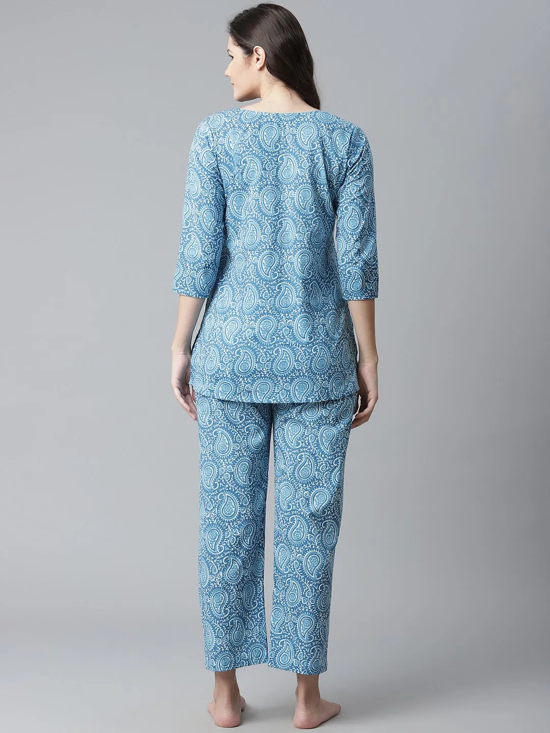 Women'S Blue Printed Cotton Nightwear