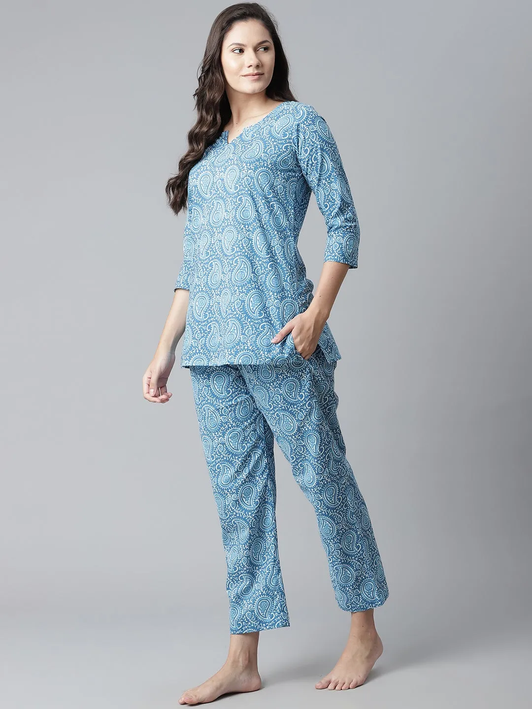 Women'S Blue Printed Cotton Nightwear