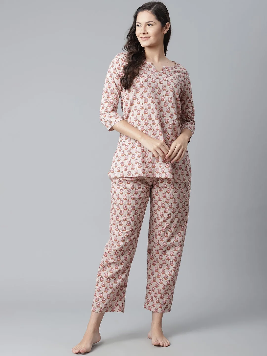 Women'S Floral Pink Motif Cotton Nightsuit