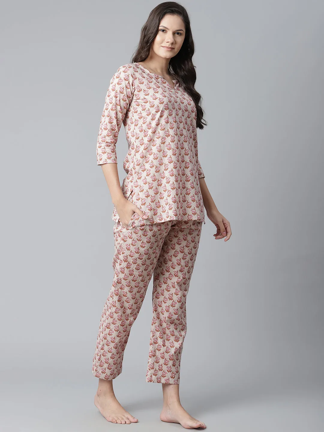 Women'S Floral Pink Motif Cotton Nightsuit