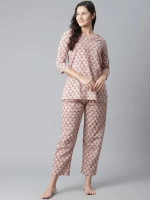 Women'S Floral Pink Motif Cotton Nightsuit