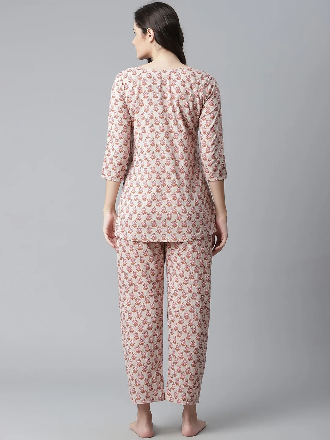 Women'S Floral Pink Motif Cotton Nightsuit