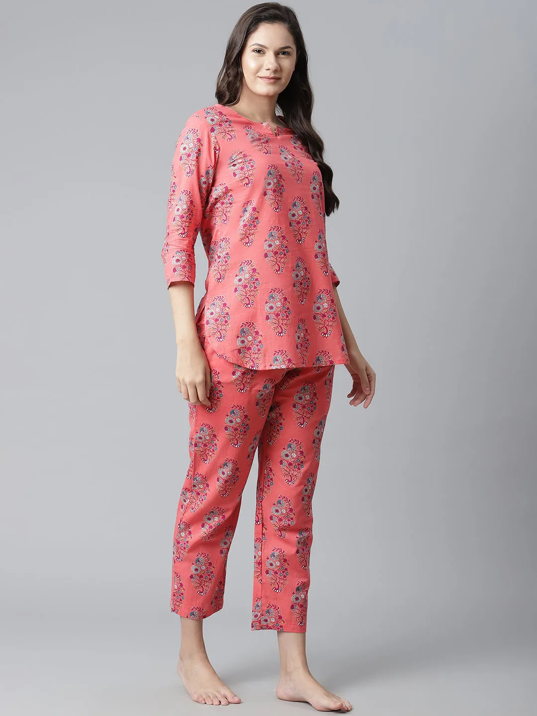 Women'S Peach Cotton Printed Nightsuit