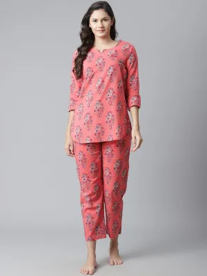 Women'S Peach Cotton Printed Nightsuit
