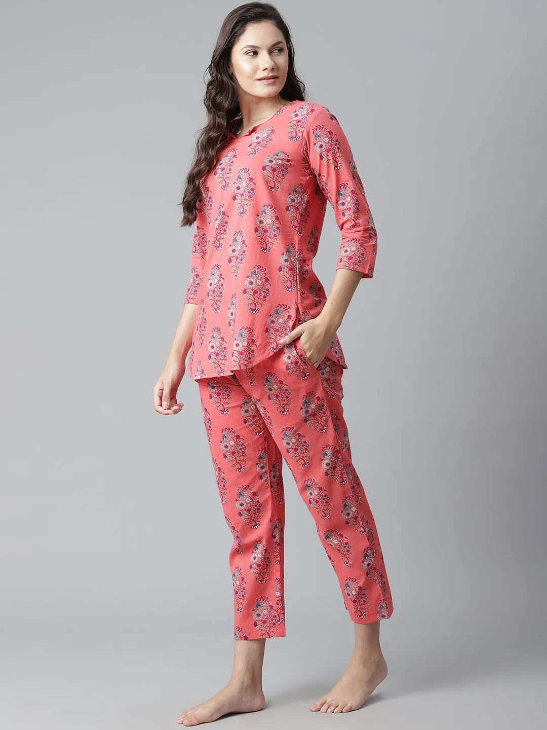 Women'S Peach Cotton Printed Nightsuit