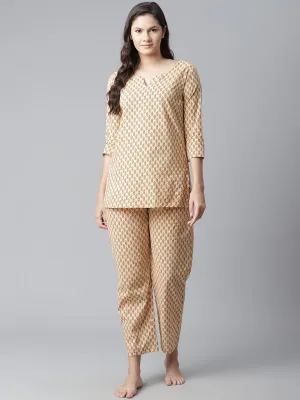 Women'S Yellow Buti Print Cotton Nightwear