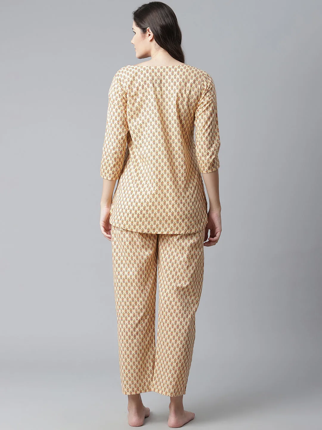 Women'S Yellow Buti Print Cotton Nightwear