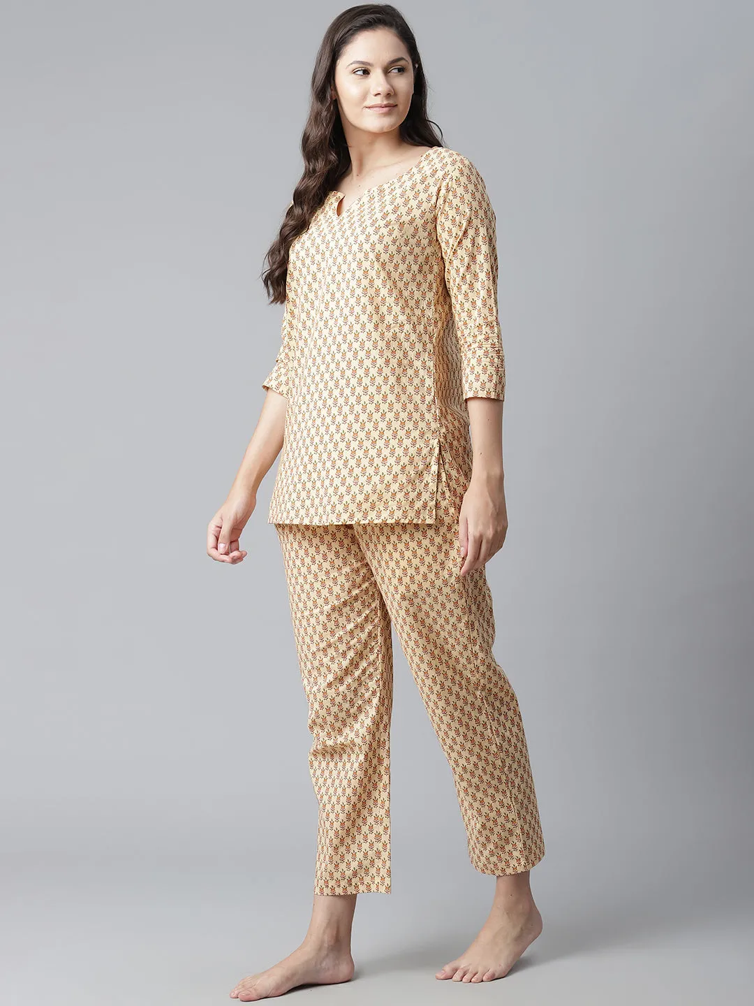 Women'S Yellow Buti Print Cotton Nightwear