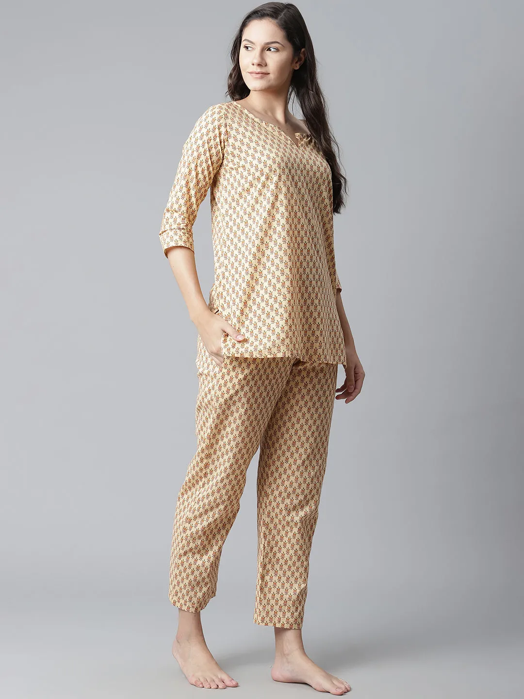 Women'S Yellow Buti Print Cotton Nightwear