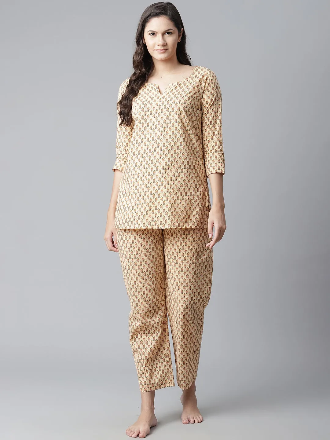 Women'S Yellow Buti Print Cotton Nightwear